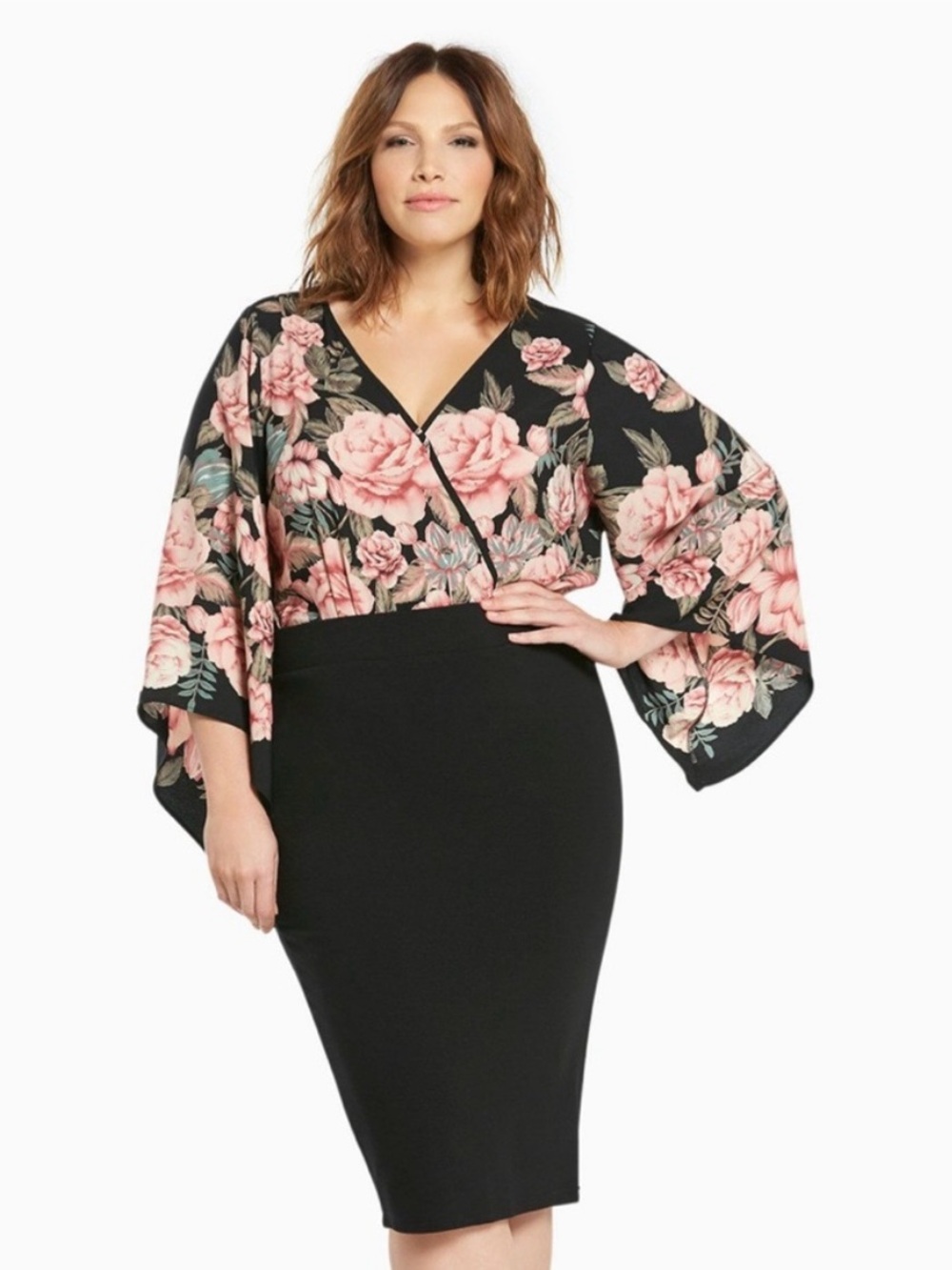 Torrid Womens Floral Print Georgette Bodysuit Size 3 (3X) Kimono Wrap Pink NWT